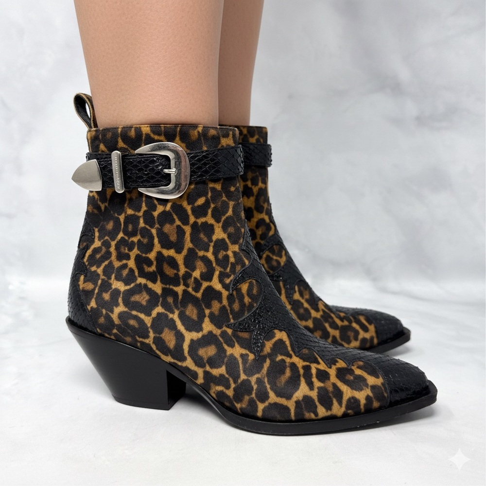 Giuseppe Zanotti Leopard Suede Snakeskin Leather Western Ankle Bootie Boots 37.5